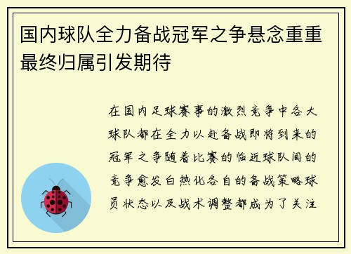 国内球队全力备战冠军之争悬念重重最终归属引发期待