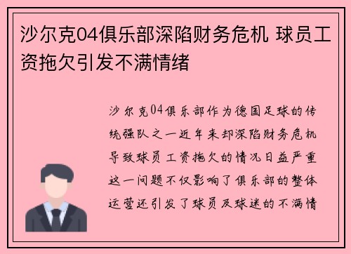 沙尔克04俱乐部深陷财务危机 球员工资拖欠引发不满情绪