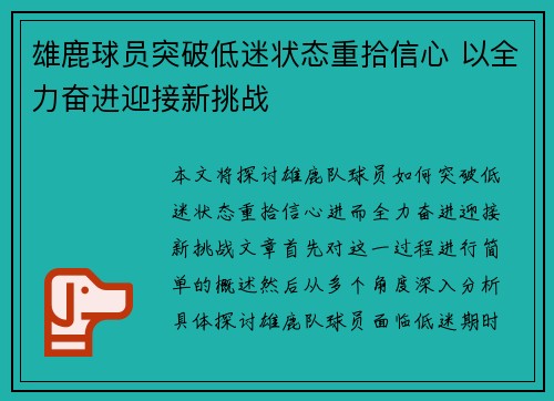 雄鹿球员突破低迷状态重拾信心 以全力奋进迎接新挑战