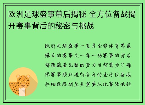 欧洲足球盛事幕后揭秘 全方位备战揭开赛事背后的秘密与挑战