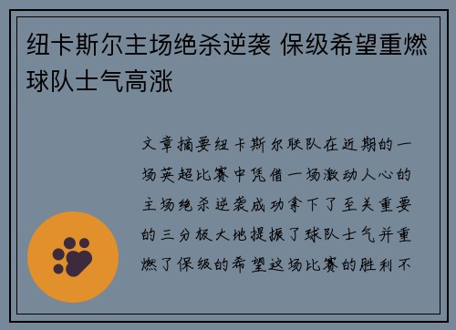 纽卡斯尔主场绝杀逆袭 保级希望重燃球队士气高涨