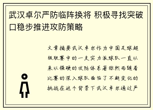 武汉卓尔严防临阵换将 积极寻找突破口稳步推进攻防策略