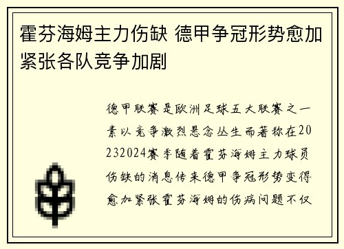 霍芬海姆主力伤缺 德甲争冠形势愈加紧张各队竞争加剧