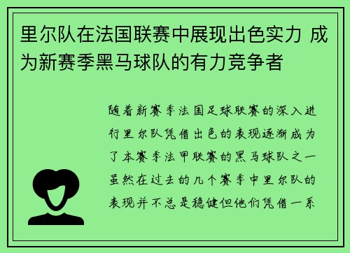 里尔队在法国联赛中展现出色实力 成为新赛季黑马球队的有力竞争者