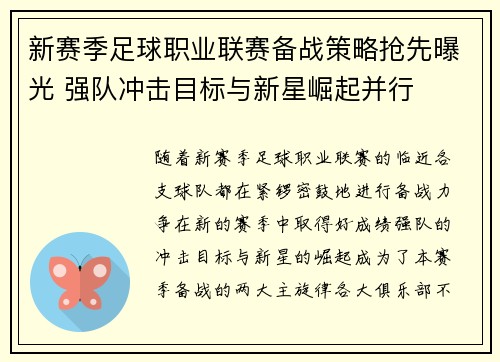 新赛季足球职业联赛备战策略抢先曝光 强队冲击目标与新星崛起并行