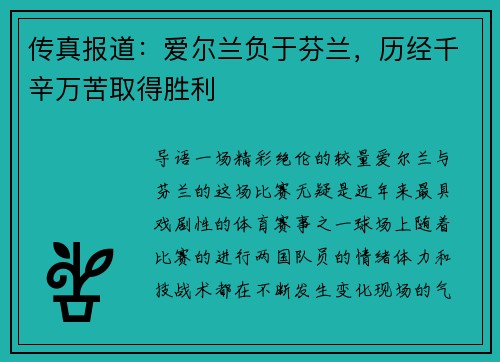 传真报道：爱尔兰负于芬兰，历经千辛万苦取得胜利