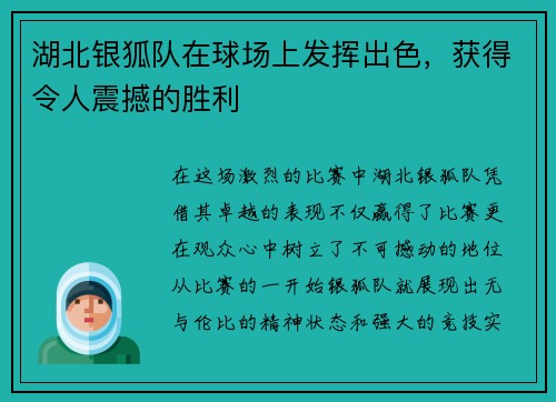 湖北银狐队在球场上发挥出色，获得令人震撼的胜利