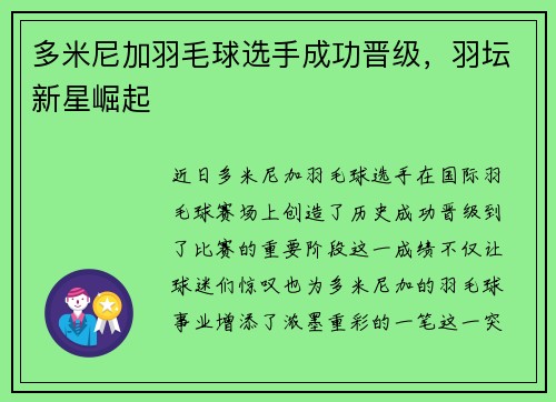 多米尼加羽毛球选手成功晋级，羽坛新星崛起